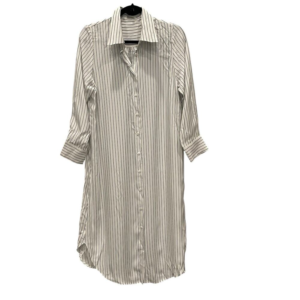 Lily Silk Mulberry White/beige Striped Shirt Dress Midi Long Sleeve Collar M - Picture 6 of 8